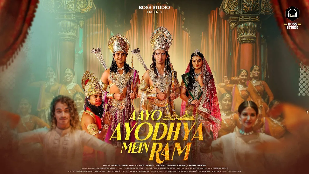 Poster for the music video Aayo Ayodhya Mein Ram, Ram, Lakshman and Sita crowned in gold before a temple courtyard of dancers