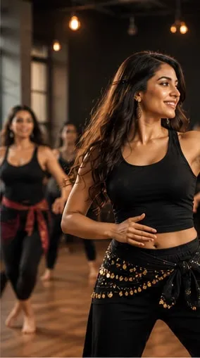 Dancer at the front of an open-level class, mid-phrase