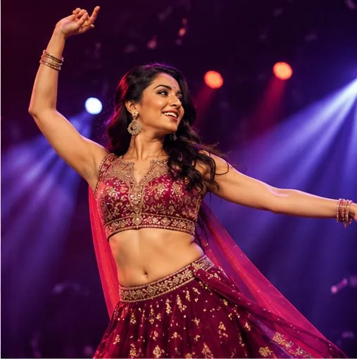 Dancer under magenta stage lighting with one arm raised