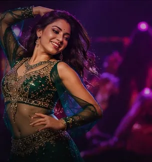Dancer in an emerald costume performing under coloured event lighting