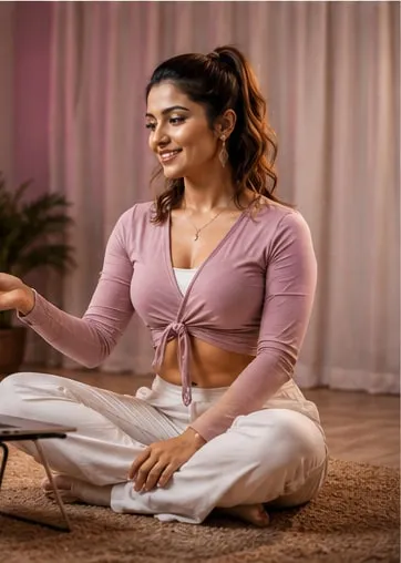 Dancer seated at a laptop planning a routine in a home studio