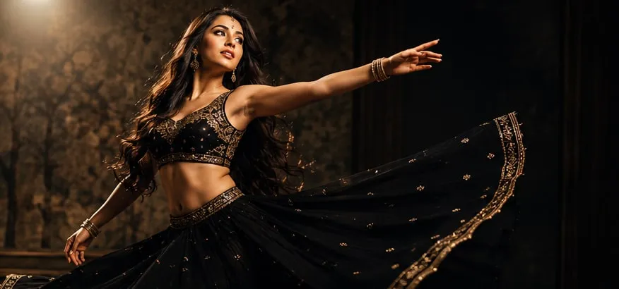 Dancer extending one arm across a wide dark stage