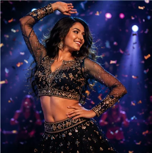 Dancer performing under blue stage lighting with confetti falling