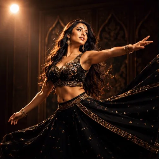 Dancer in a black and gold lehenga turning against a carved backdrop