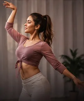Dancer rehearsing in soft daylight against a draped studio wall