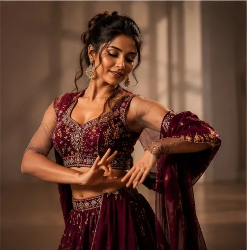 Dancer in a maroon and gold lehenga holding a hand gesture mid-phrase